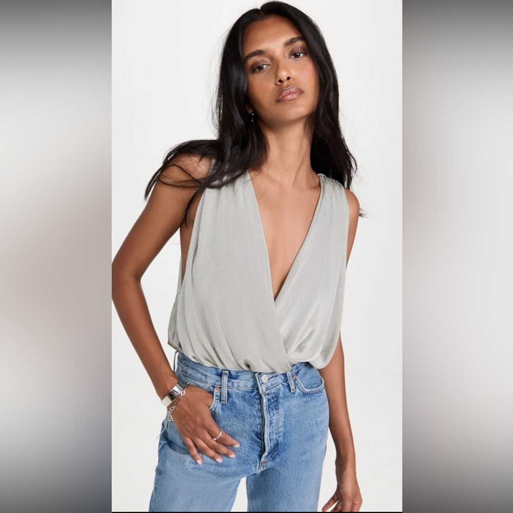 NWT Free People Night Owl Sage Green Sleeveless Deep V Thong Bodysuit Sz S